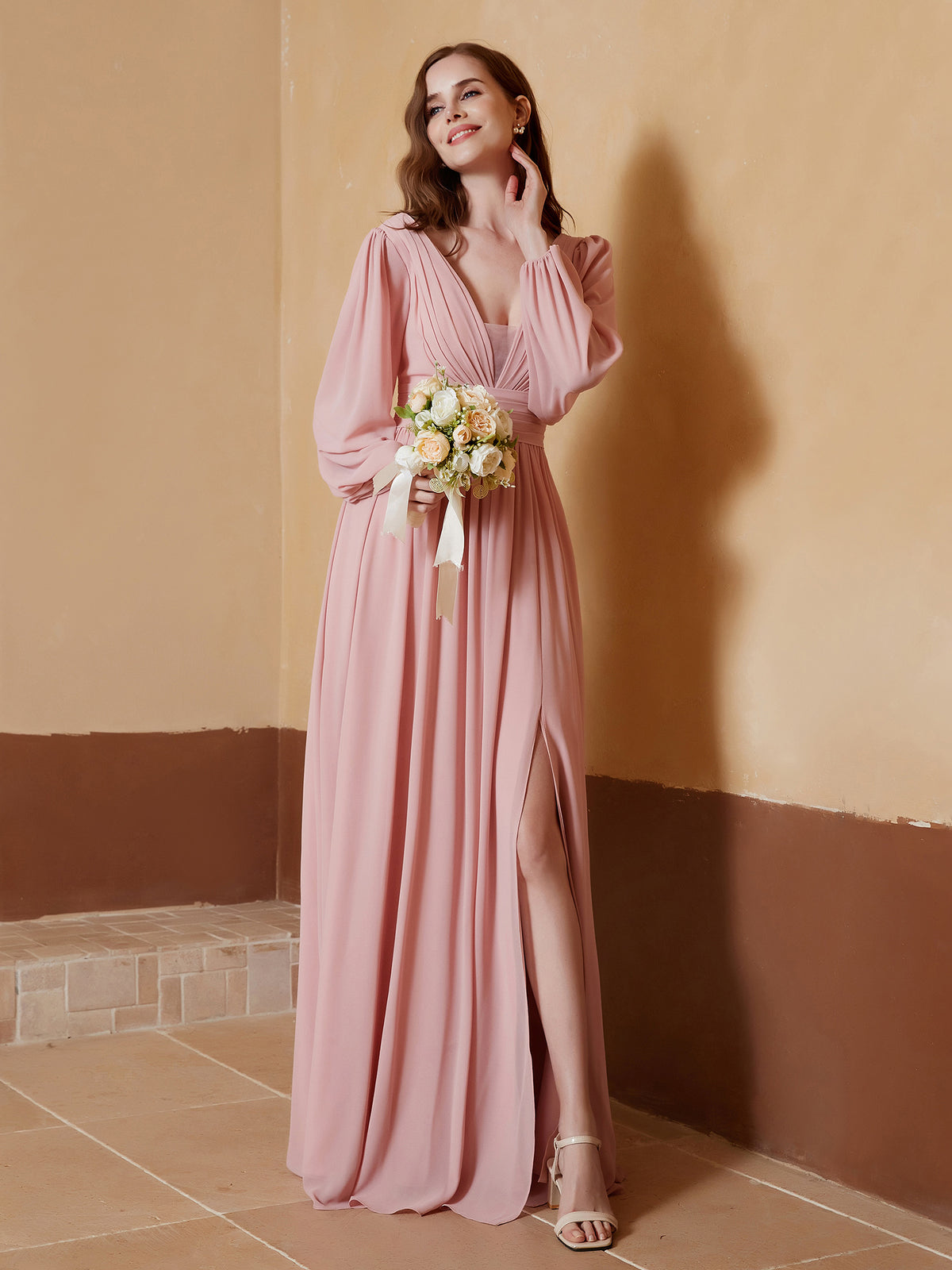 BABARONI Chiffon Dusk Bridesmaid Dresses Plunging V-Neck Floor-length Long Sleeve with Slit A-line, Dusk / US18