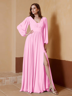 Plunging V-neck Floor-length Dress With Slit Candy Pink