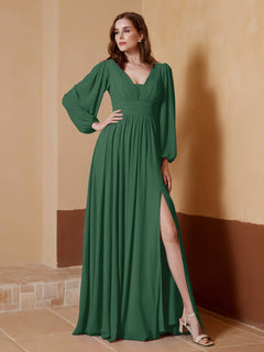 Plunging V-neck Floor-length Dress With Slit Dark Green