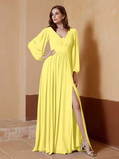 Plunging V-neck Floor-length Dress With Slit Lemon