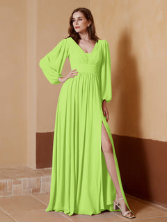 Plunging V-neck Floor-length Dress With Slit Lime Green