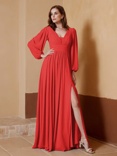 Plunging V-neck Floor-length Dress With Slit Red