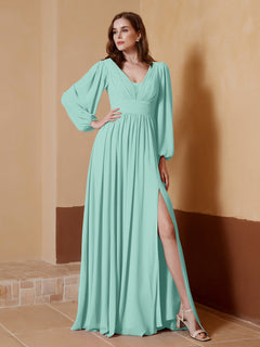 Plunging V-neck Floor-length Dress With Slit Turquoise