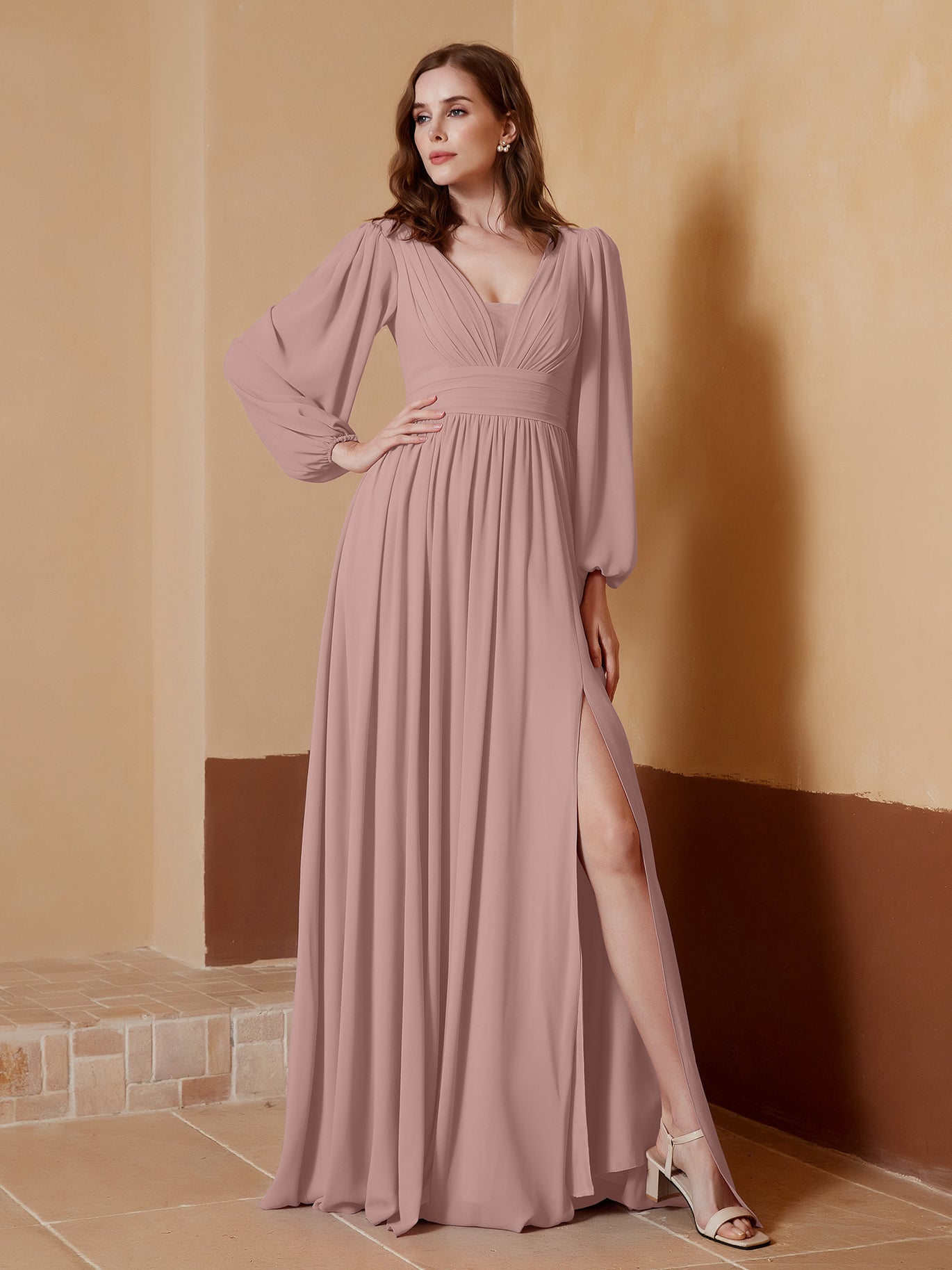 blue dress for baby girl Long V-Neck Prom Dress with Long Sleeves Mauve / 3XLarge