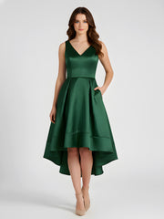 V-neck Satin High Low Bridesmaid Dresses-Dark Green