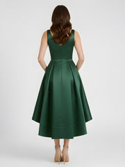 V-neck Satin High Low Bridesmaid Dresses-Dark Green