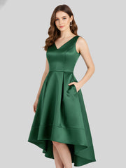 V-neck Satin High Low Bridesmaid Dresses-Dark Green