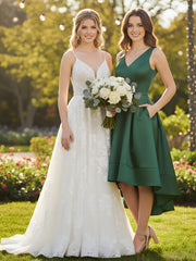 V-neck Satin High Low Bridesmaid Dresses-Dark Green