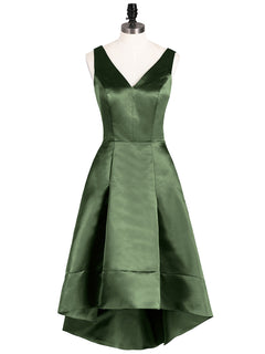 V-neck Satin High Low Bridesmaid Dresses-Olive Green