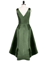 V-neck Satin High Low Bridesmaid Dresses-Olive Green Plus Size