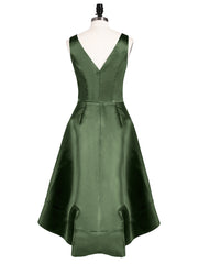 V-neck Satin High Low Bridesmaid Dresses-Olive Green
