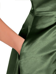 V-neck Satin High Low Bridesmaid Dresses-Olive Green