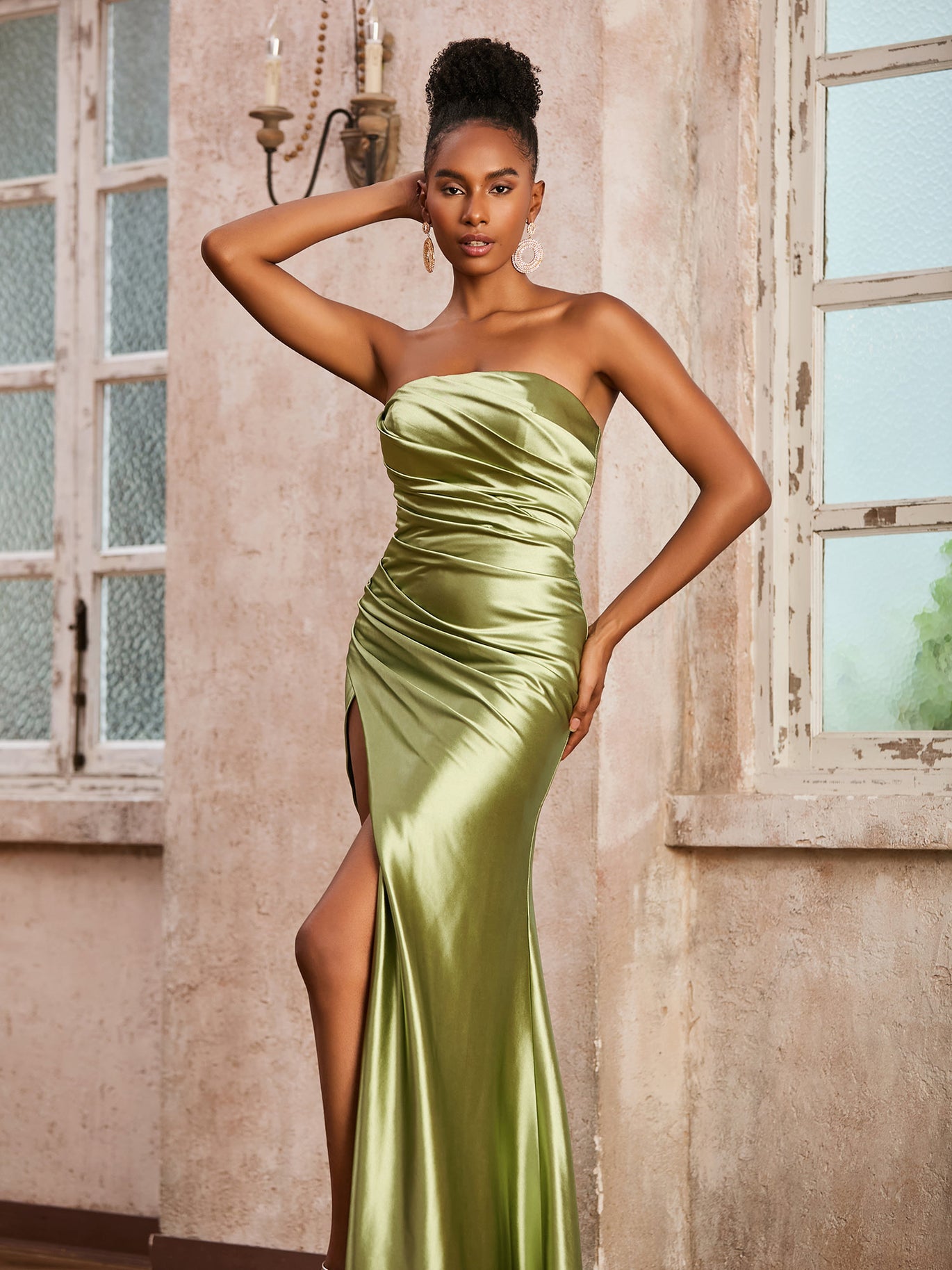 BABARONI Strapless Ruched Floor-length Dress With Slit Dusty Sage, Dusty Sage / US0 BABARONI Strapless Ruched Floor-length Dress With Slit Dusty Sage, Dusty Sage / US0