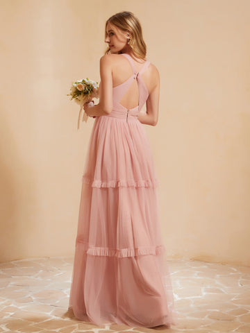 A-Line Cowl Neck Floor-length Pleated Dress Dusty Rose