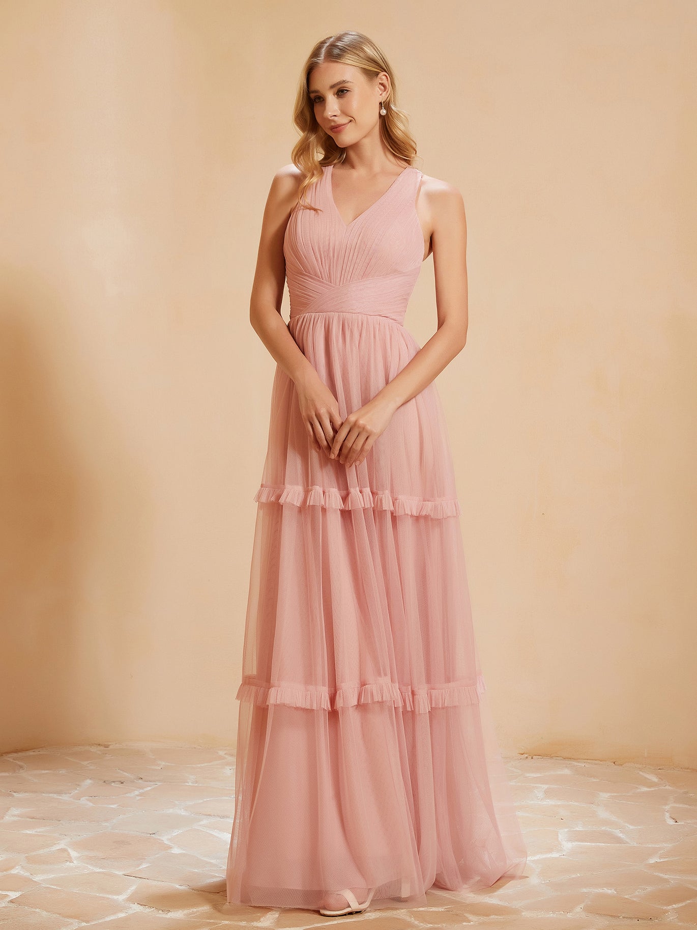 A-Line Halter Neck Pleated Ruffles Floor-length Dress Taupe main image 1