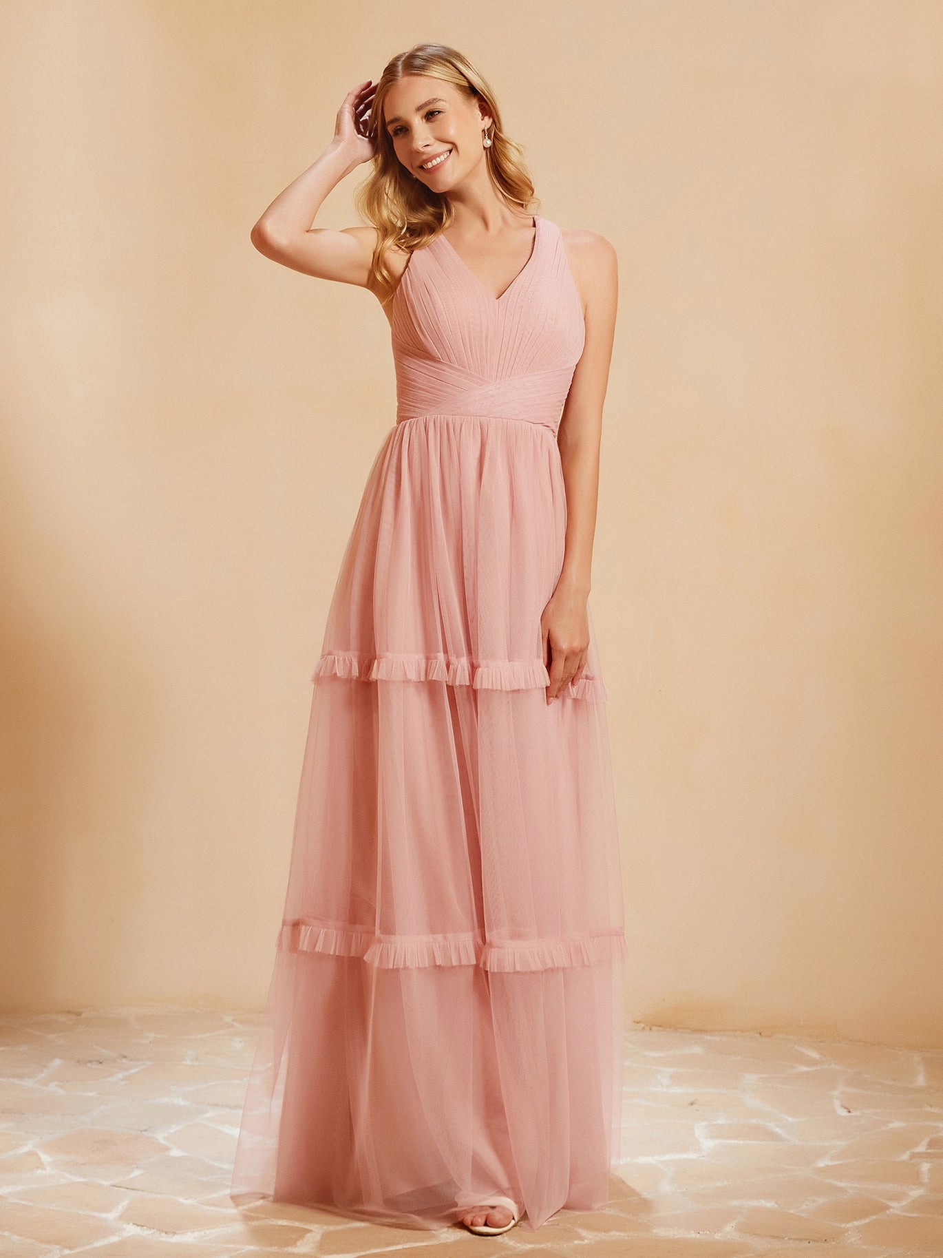BABARONI V-Neck Pleated Ruffle Floor-Length Tulle Dress Champagne, Champagne / US0