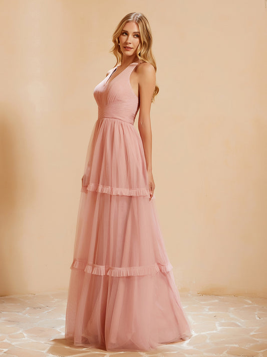 Elegant V-neck Velvet A-Line Floor-length Dress Dusty Rose main image 1