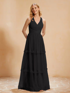 V-neck Pleated Ruffle Floor-length Tulle Dress Black