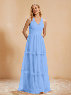 V-neck Pleated Ruffle Floor-length Tulle Dress Blue
