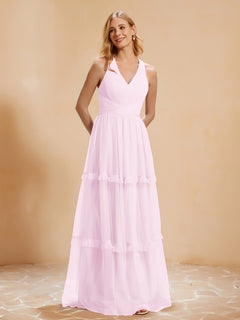 V-neck Pleated Ruffle Floor-length Tulle Dress Blushing Pink