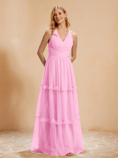 V-neck Pleated Ruffle Floor-length Tulle Dress Candy Pink