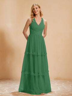 V-neck Pleated Ruffle Floor-length Tulle Dress Emerald