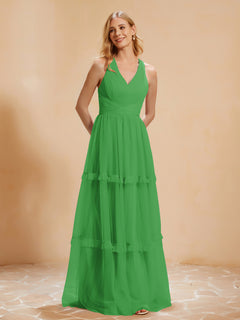 V-neck Pleated Ruffle Floor-length Tulle Dress Green