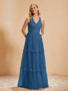 V-neck Pleated Ruffle Floor-length Tulle Dress Ink Blue
