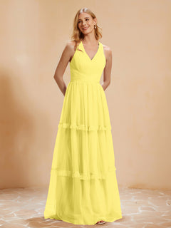 V-neck Pleated Ruffle Floor-length Tulle Dress Lemon