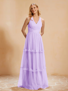 V-neck Pleated Ruffle Floor-length Tulle Dress Lilac