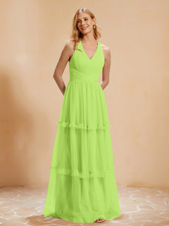 V-neck Pleated Ruffle Floor-length Tulle Dress Lime Green