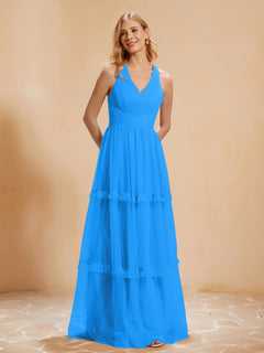 V-neck Pleated Ruffle Floor-length Tulle Dress Ocean Blue