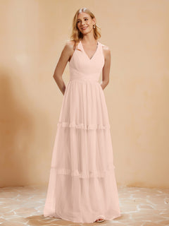V-neck Pleated Ruffle Floor-length Tulle Dress Pearl Pink