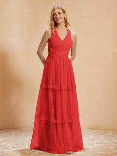 V-neck Pleated Ruffle Floor-length Tulle Dress Red