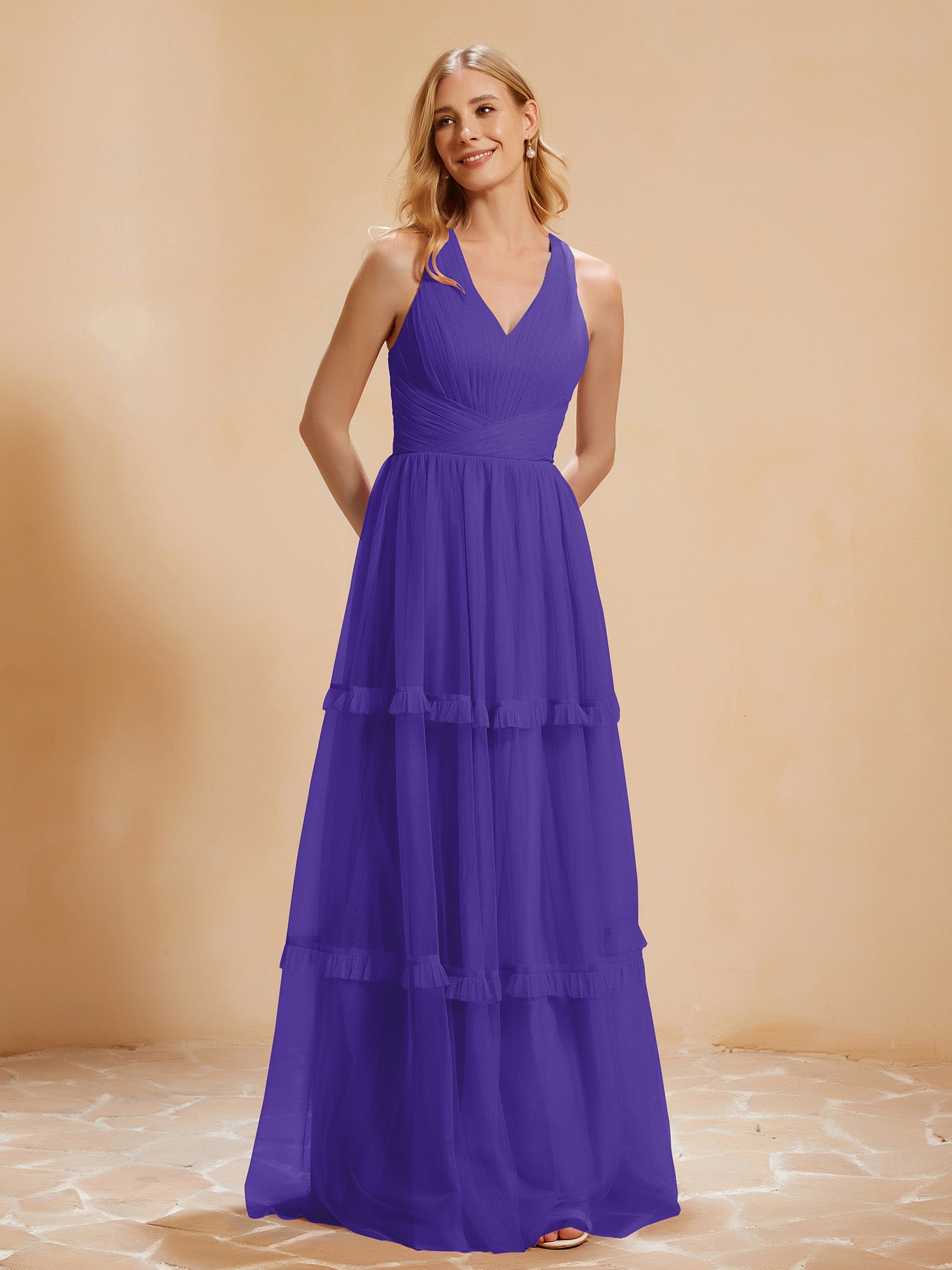 V-neck Pleated Ruffle Floor-length Tulle Dress Regency Plus Size – BABARONI