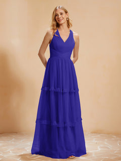 V-neck Pleated Ruffle Floor-length Tulle Dress Royal Blue