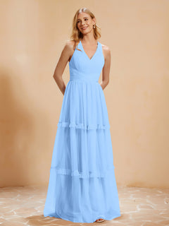 V-neck Pleated Ruffle Floor-length Tulle Dress Sky Blue