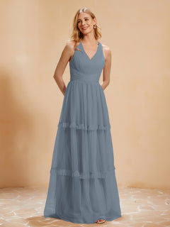 V-neck Pleated Ruffle Floor-length Tulle Dress Slate Blue