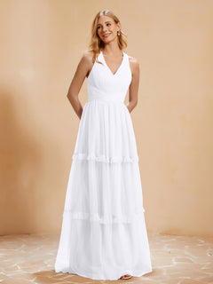 V-neck Pleated Ruffle Floor-length Tulle Dress White