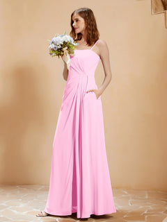 Square Neckline A-line Chiffon Dress With Pocket Candy Pink