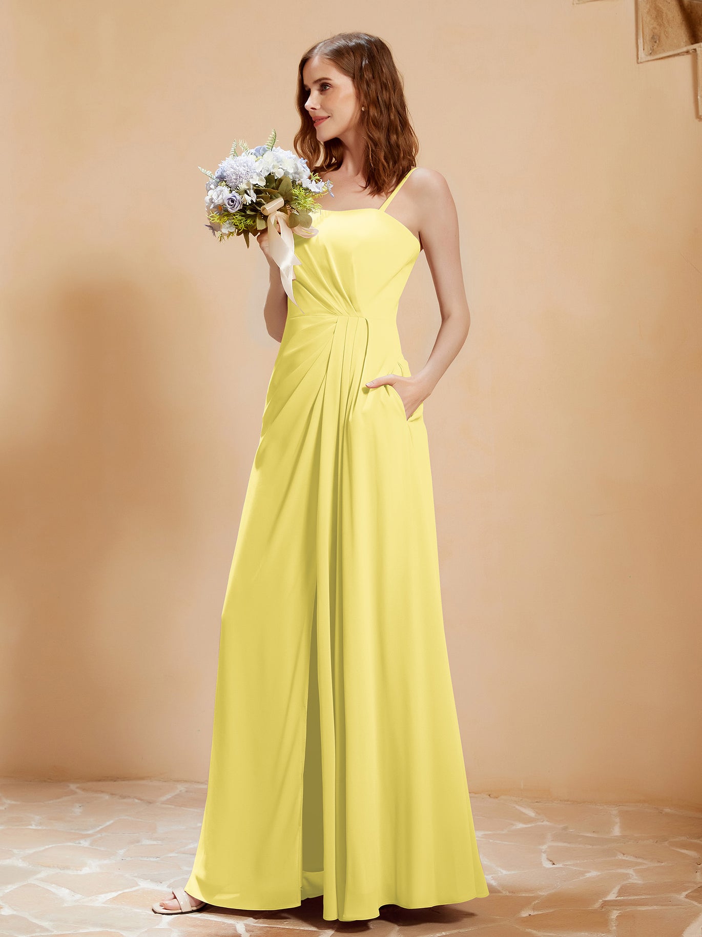 BABARONI Square Neckline A-line Chiffon Dress With Pocket Daffodil, Daffodil / US0