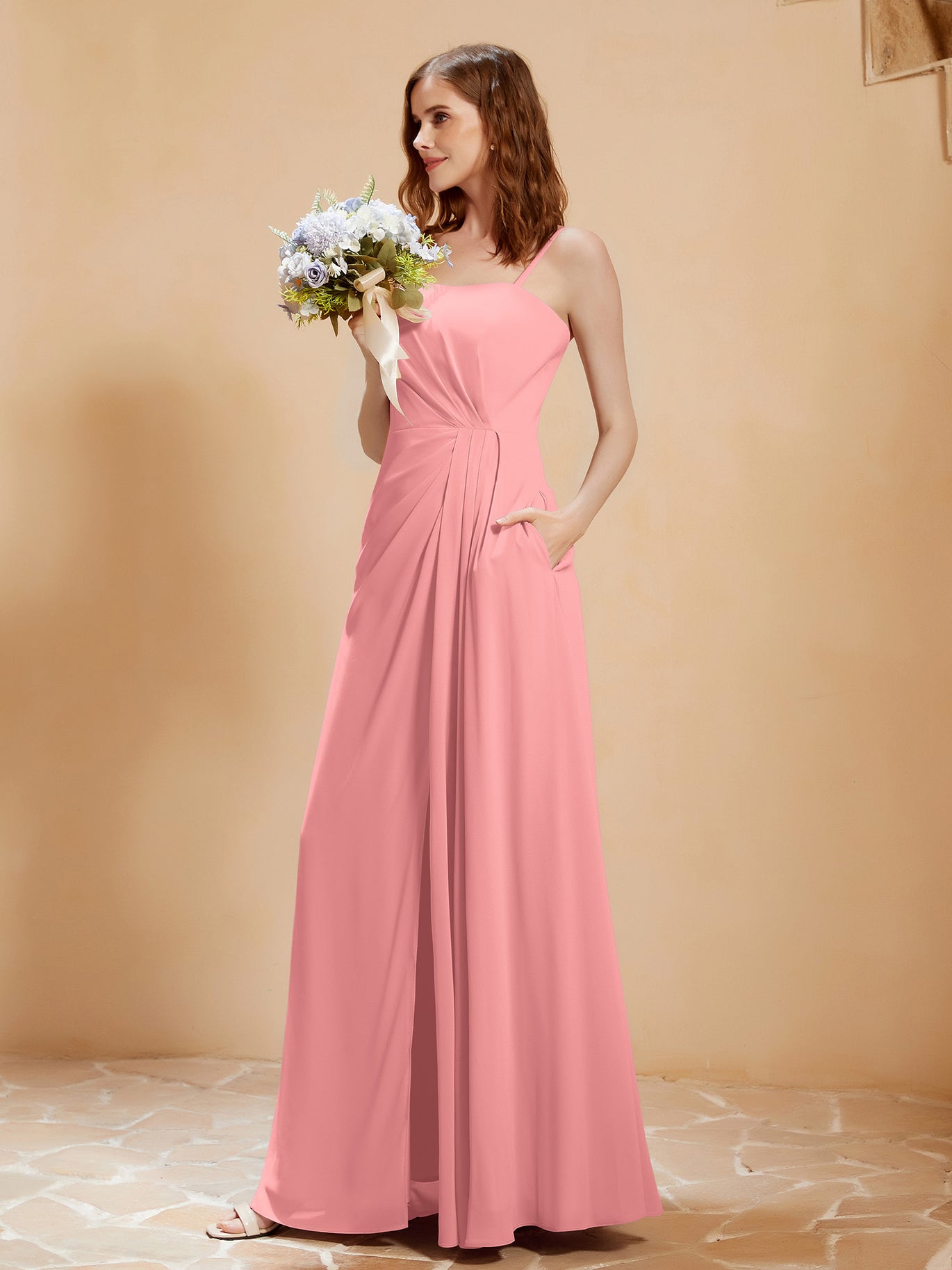 BABARONI Square Neckline A-line Chiffon Dress With Pocket Flamingo, Flamingo / US0