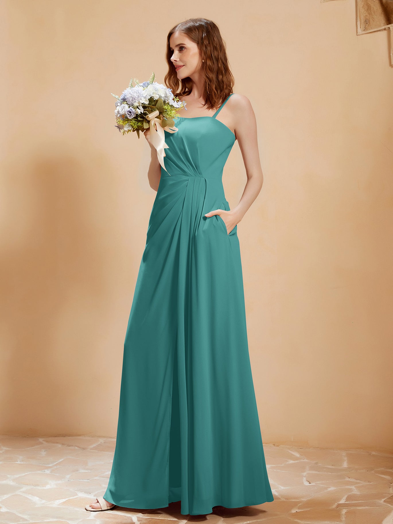 BABARONI Square Neckline A-Line Chiffon Dress with Pocket Jade Plus size, Jade / US18