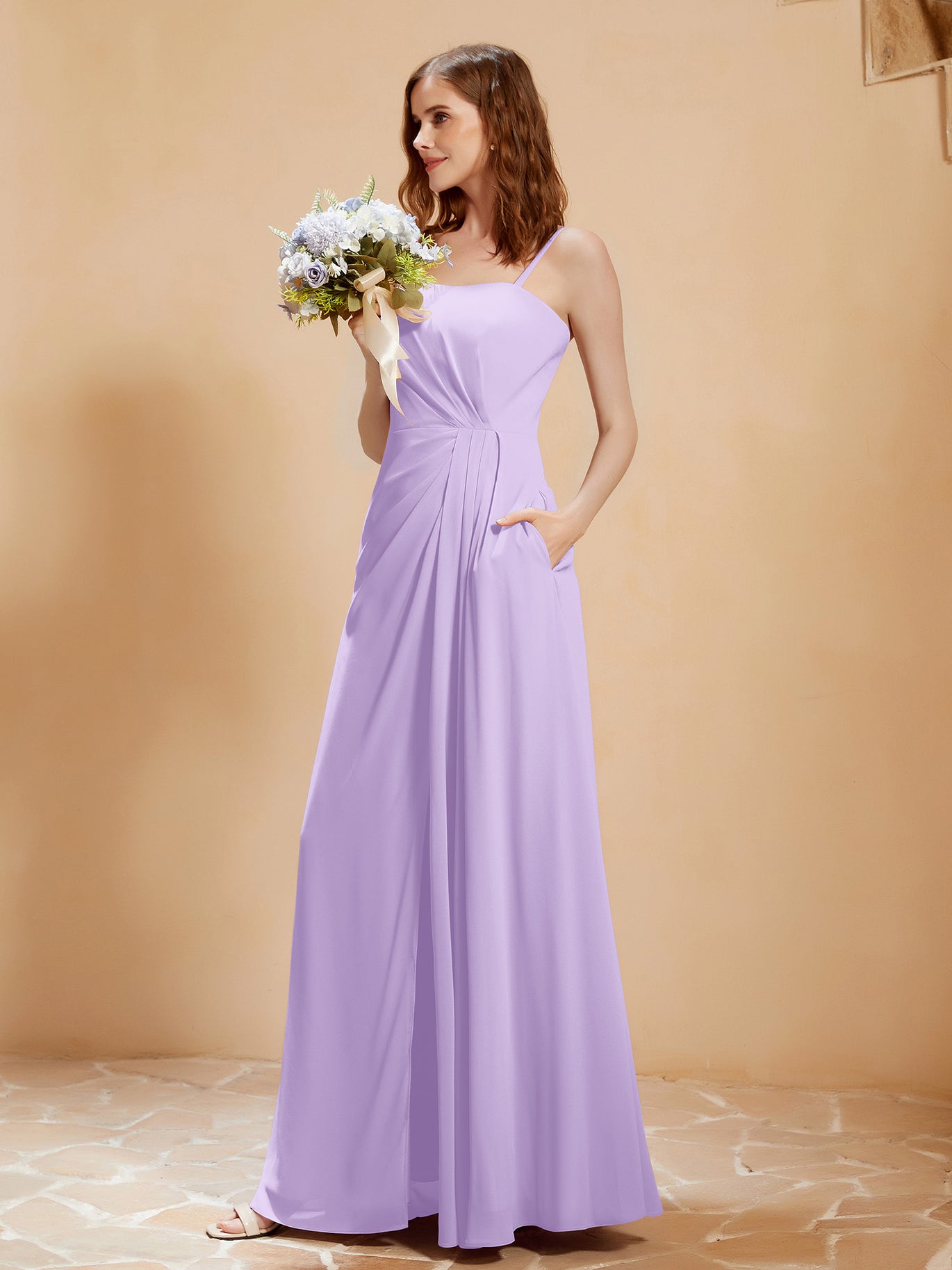 BABARONI Chiffon Lilac Bridesmaid Dresses Square Floor-length Spaghetti  Straps with Pocket A-line