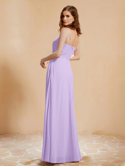 Square Neckline Ruched Chiffon Floor-length Dress Lilac