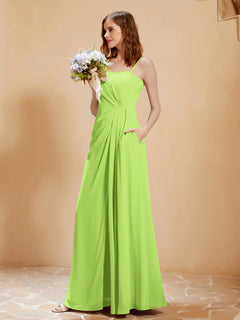 Square Neckline A-line Chiffon Dress With Pocket Lime Green