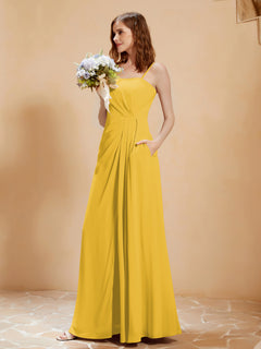 Square Neckline A-line Chiffon Dress With Pocket Marigold
