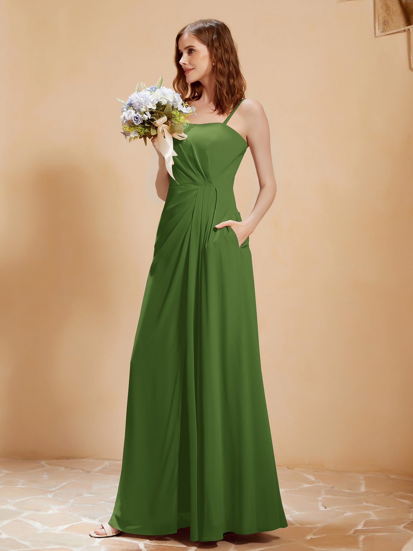slim fit dress slacks BABARONI Square Neckline A-Line Chiffon Dress with Pocket Moss Plus size, Moss / US18