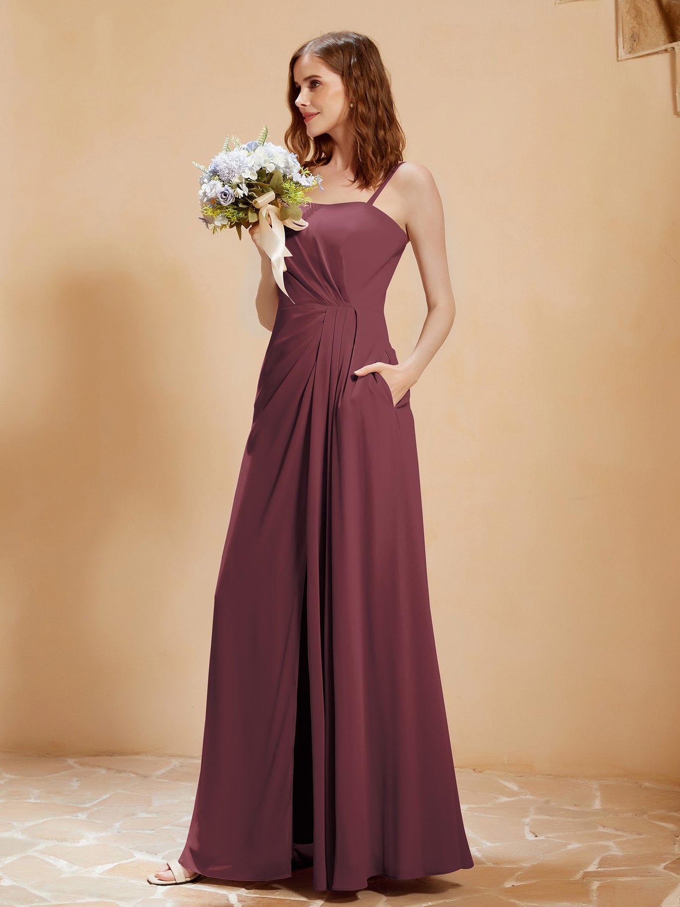 BABARONI Square Neckline A-line Chiffon Dress With Pocket Mulberry, Mulberry / US0