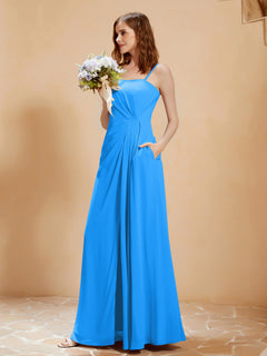 Square Neckline A-line Chiffon Dress With Pocket Ocean Blue